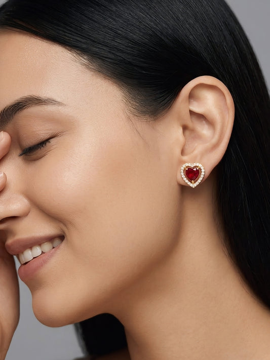 Gold Plated Red AD Heart Earrings for Women