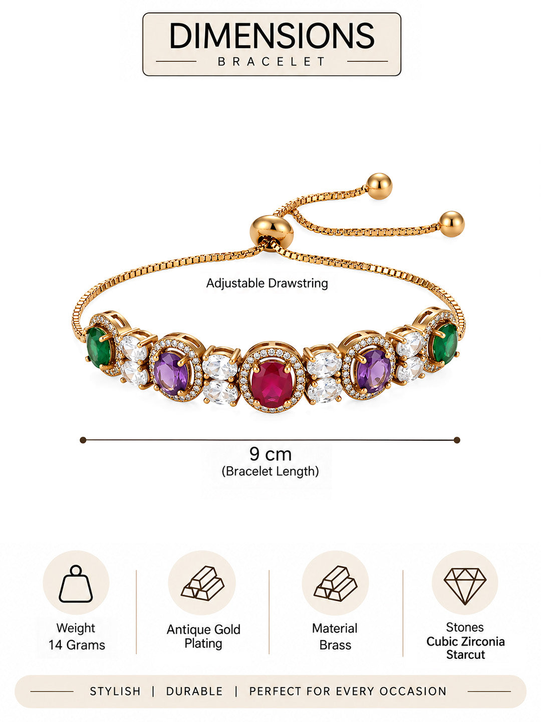 Antique Gold Plated Multi AD Adjustable Bracelet for Women