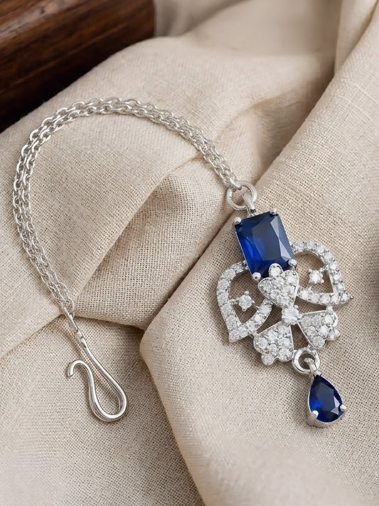 Silver Plated Blue AD Maang Tikka for Women