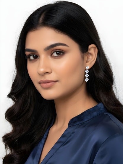 Silver Plated White AD Square Drop Earring for Women