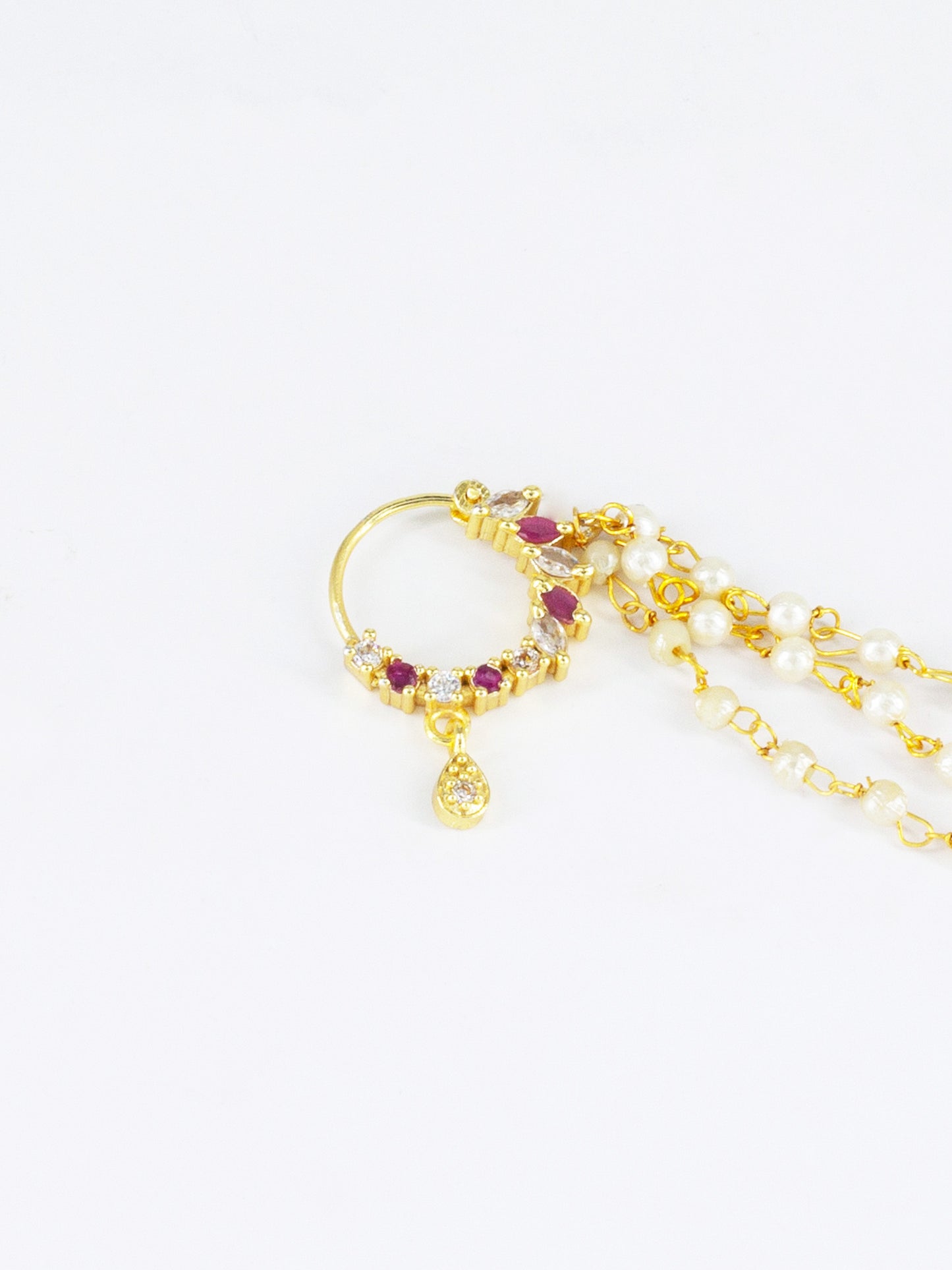 Gold Plated Red AD Nose Ring with 3 line Pearl Chain