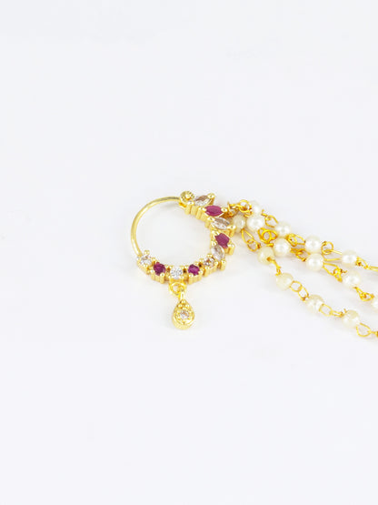 Gold Plated Red AD Nose Ring with 3 line Pearl Chain