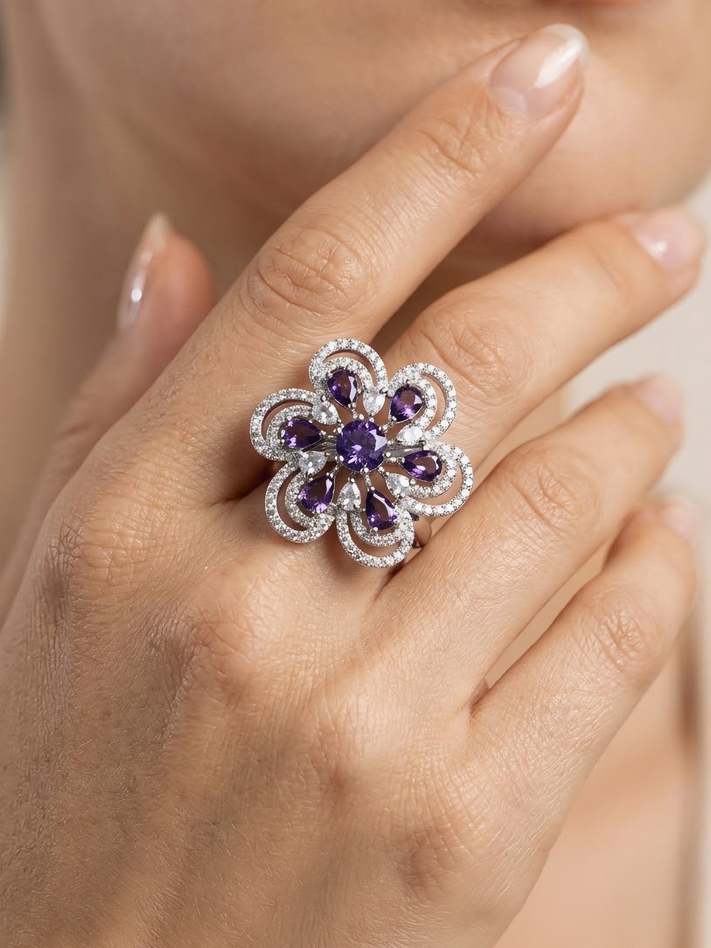 Silver Plated Purple AD Finger Ring for Women