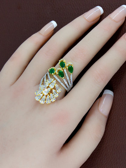 Gold Plated Green AD Adjustable Cocktail Ring For Women