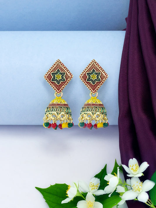Gold Plated Floral Rhombus Multi Color Artificial Beaded Jhumki Earrings