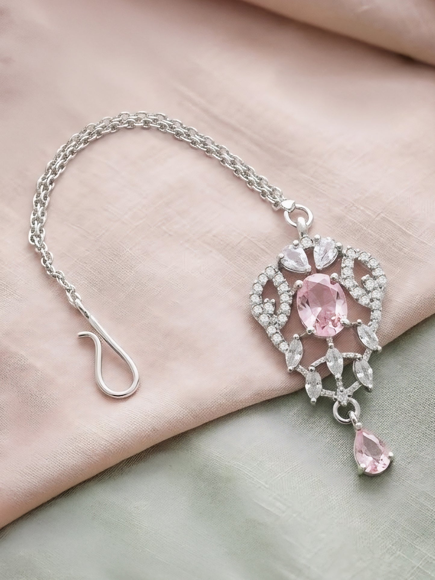 Silver Plated Pink AD Maang Tikka for Women
