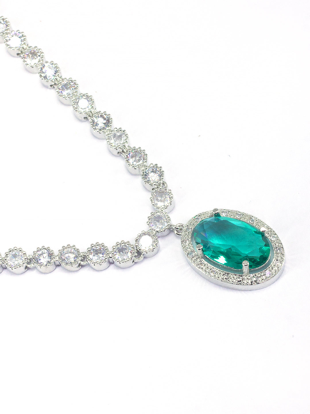 Rhodium Plated Green Oval Shaped American Diamond Jewellery Set
