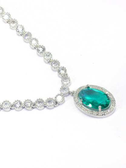 Rhodium Plated Green Oval Shaped American Diamond Jewellery Set