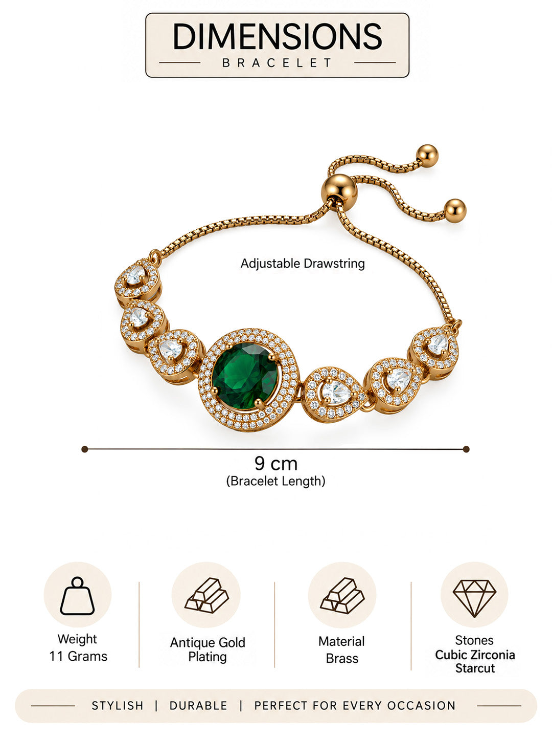 Antique Gold Plated Green AD Adjustable Bracelet for Women