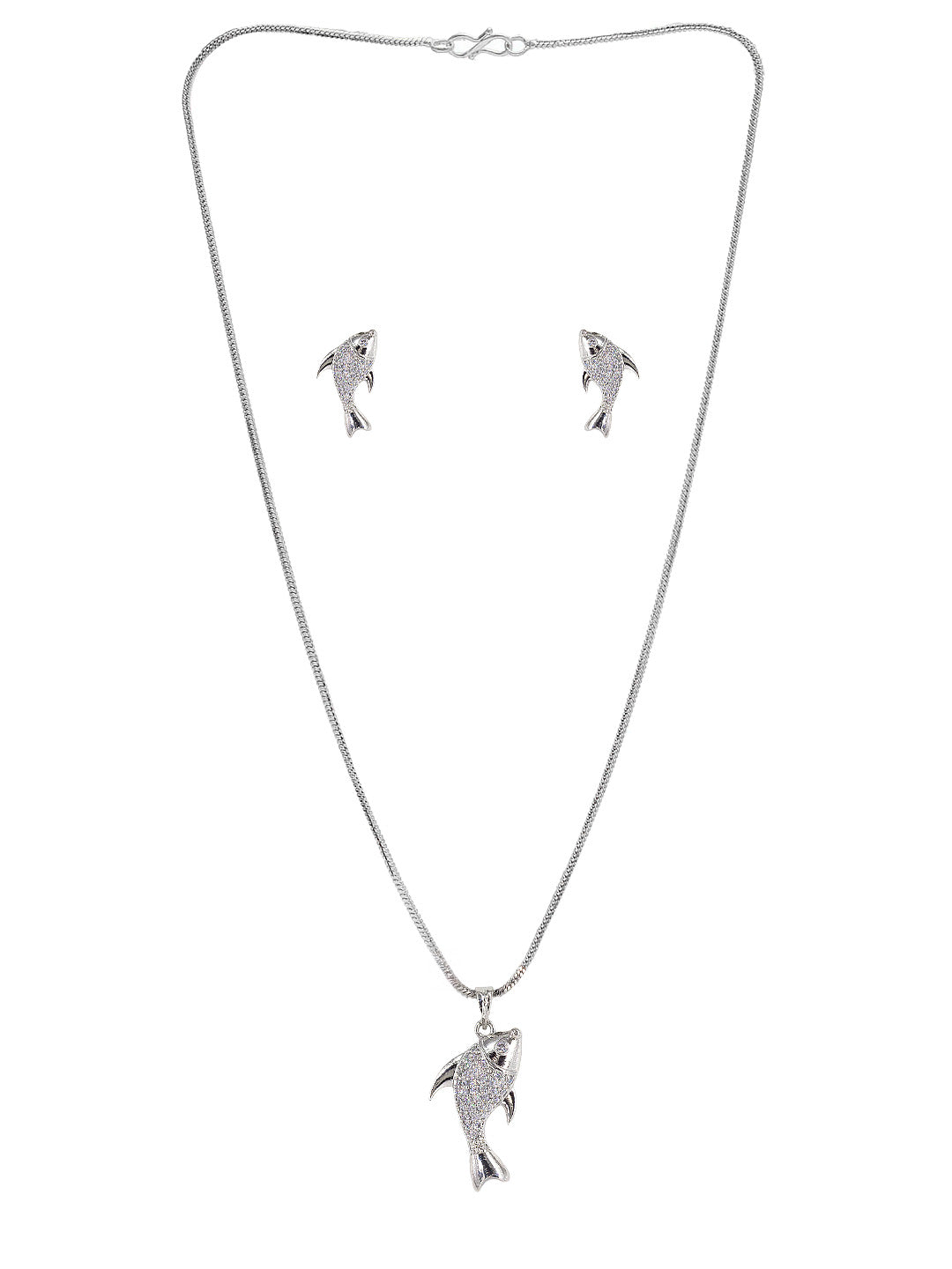 Silver Plated AD Studded Fish Pendant And Earrings Set for Women