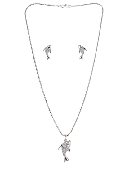 Silver Plated AD Studded Fish Pendant And Earrings Set for Women