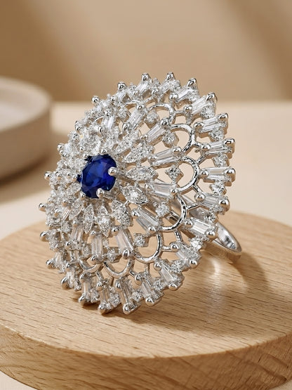 Silver Plated Blue AD Floral Ring for Women