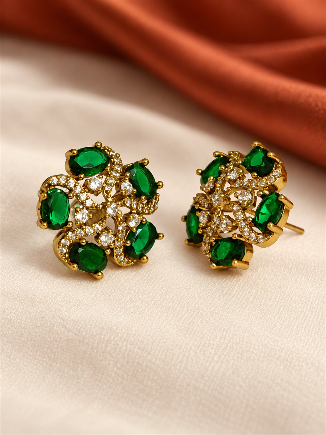 South Indian Gold Plated Green AD Floral Stud Earrings for Women