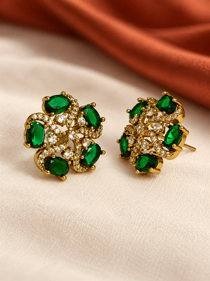 South Indian Gold Plated Green AD Floral Stud Earrings for Women