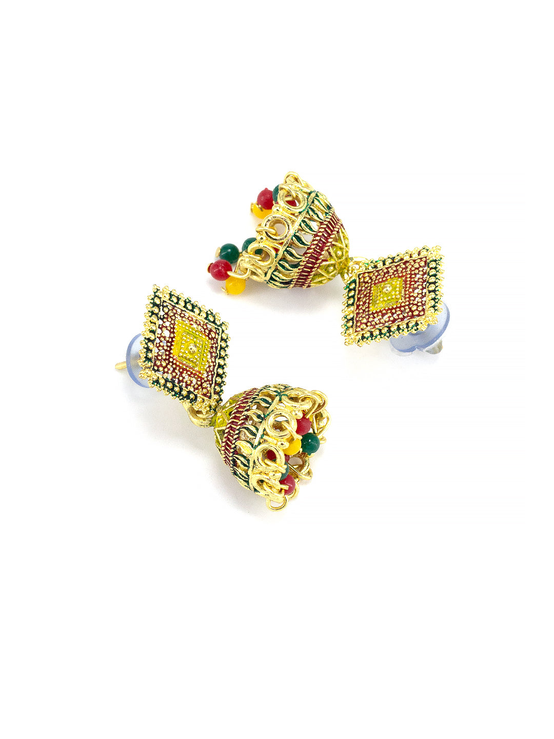 Gold Plated Square Multi Color Artificial Beaded Jhumki Earrings