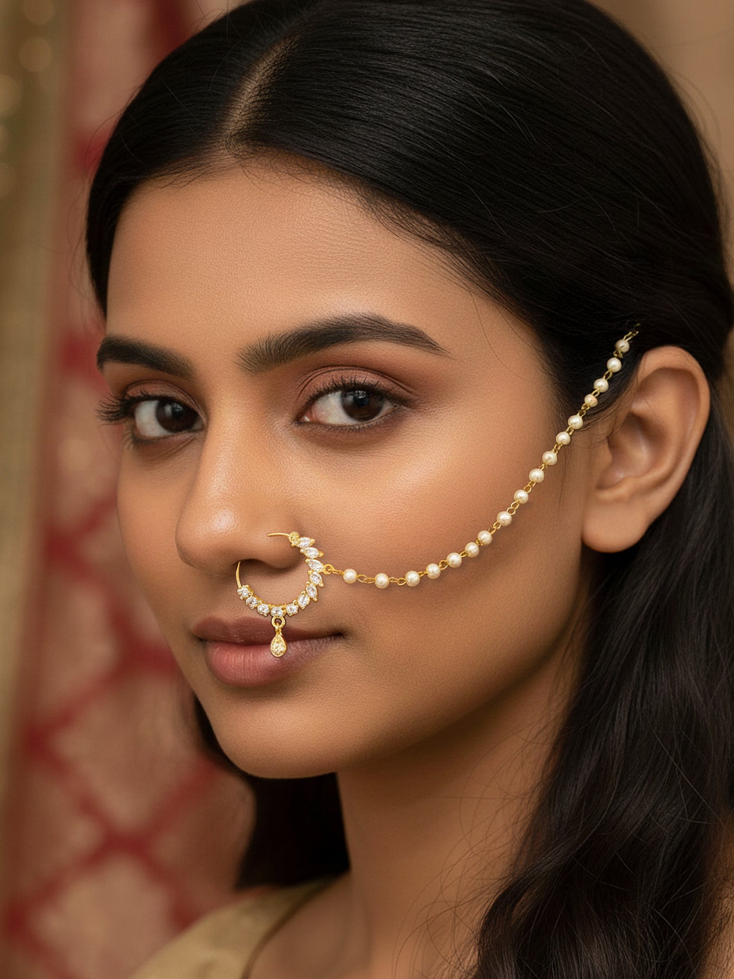 Gold Plated American Diamond & Pearl Beaded Chained Nose ring