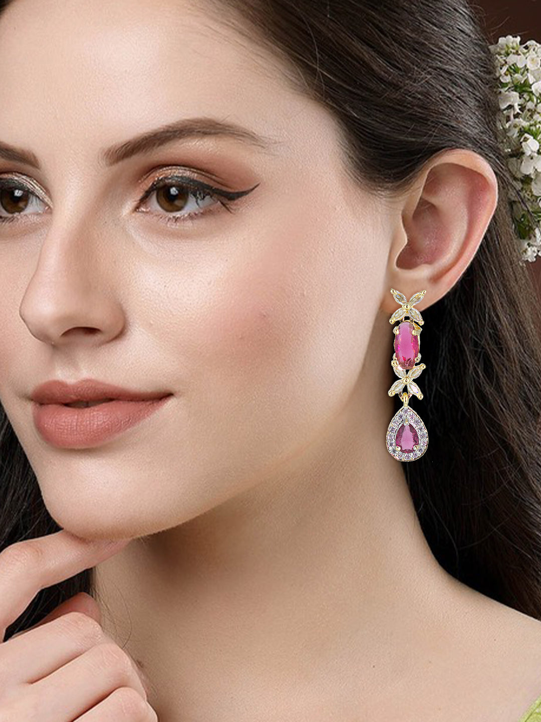 Gold Plated AD Red Drop Earrings for Women