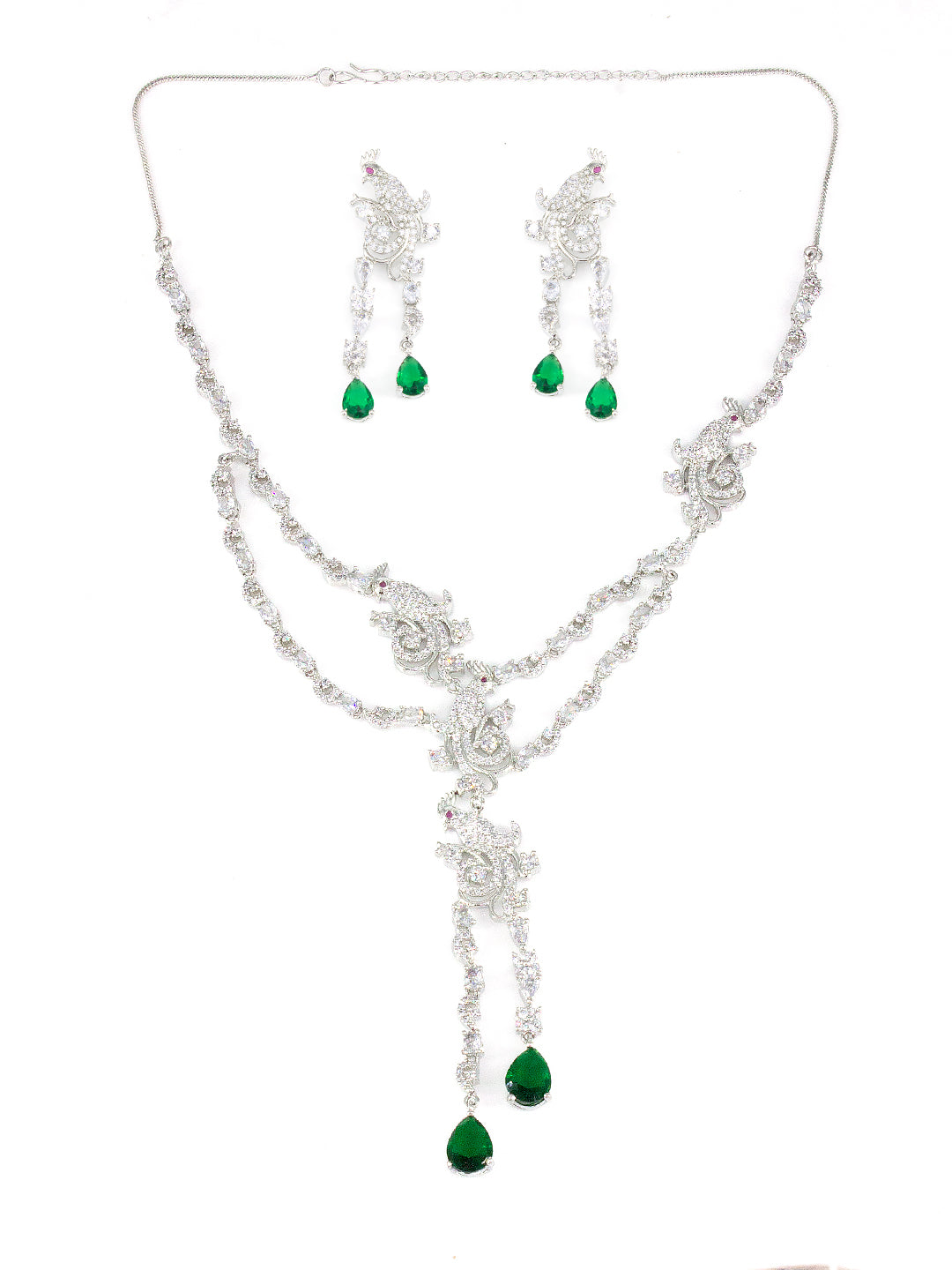 Silver Plated Green AD Peacock Statement Jewellery Set