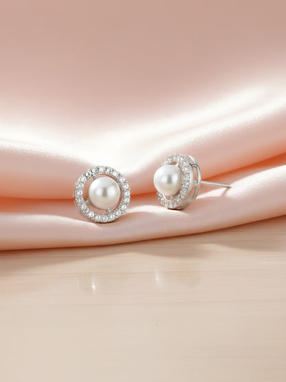 Rhodium Plated White AD & Pearl Stud Earrings for Women