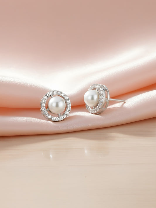 Rhodium Plated White AD & Pearl Stud Earrings for Women
