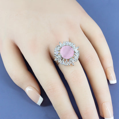Silver Plated Pink AD Finger Ring for Women