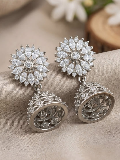 Silver Plated American Diamond Floral Jhumka Earrings for Women