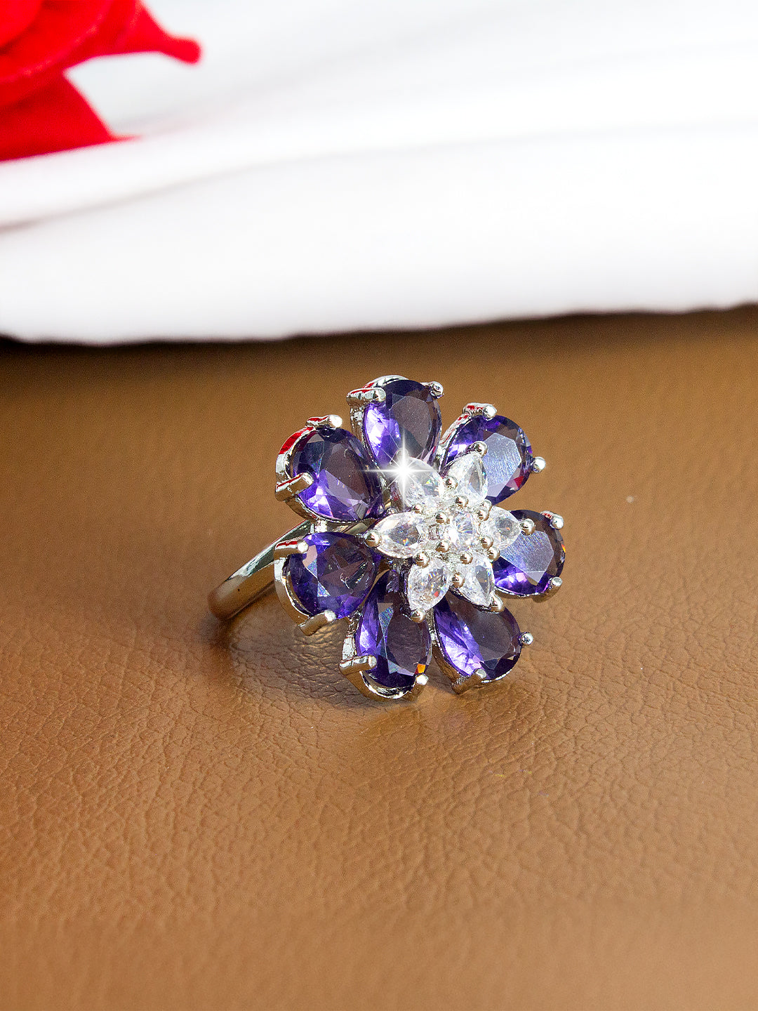 Silver Plated Purple Floral AD Adjustable Ring For Women