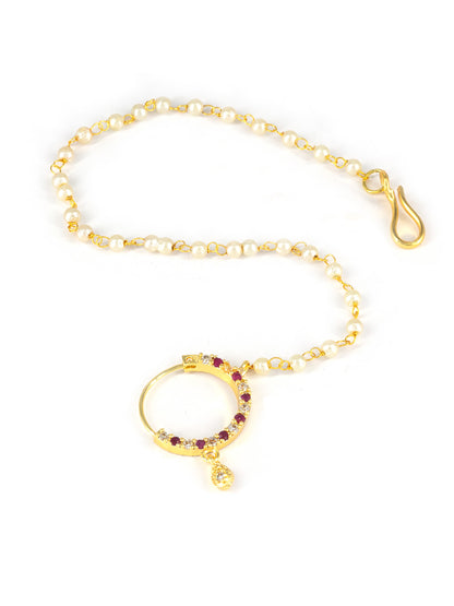Gold Plated Red & White AD Nose Ring with Pearl Chain