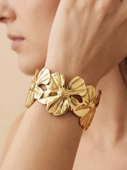 Gold Plated Floral Adjustable Cuff Bracelet for Women