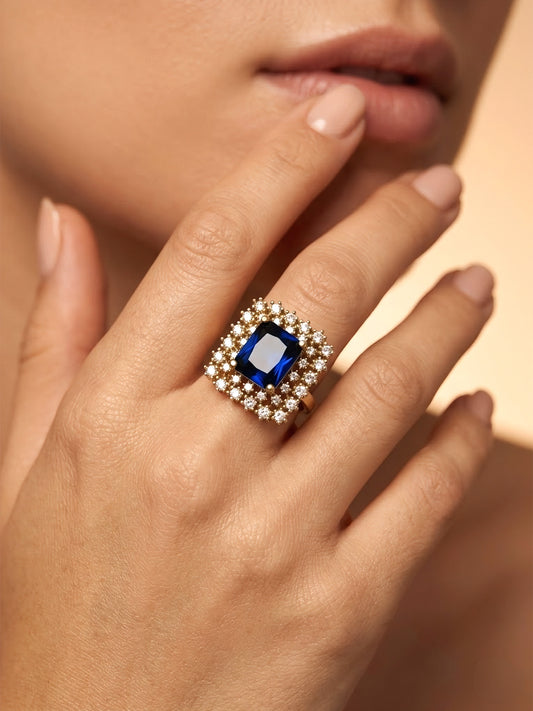 Gold Plated Blue AD Adjustable Ring for Women