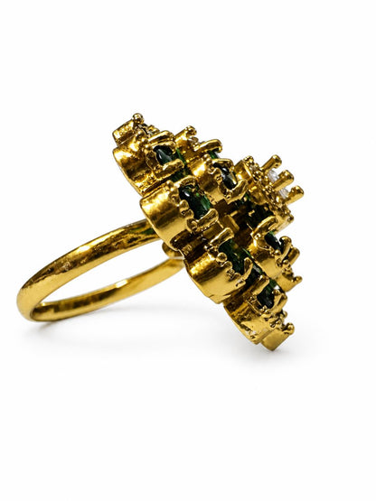 Antique Gold Plated Green AD Floral Finger Ring for Women