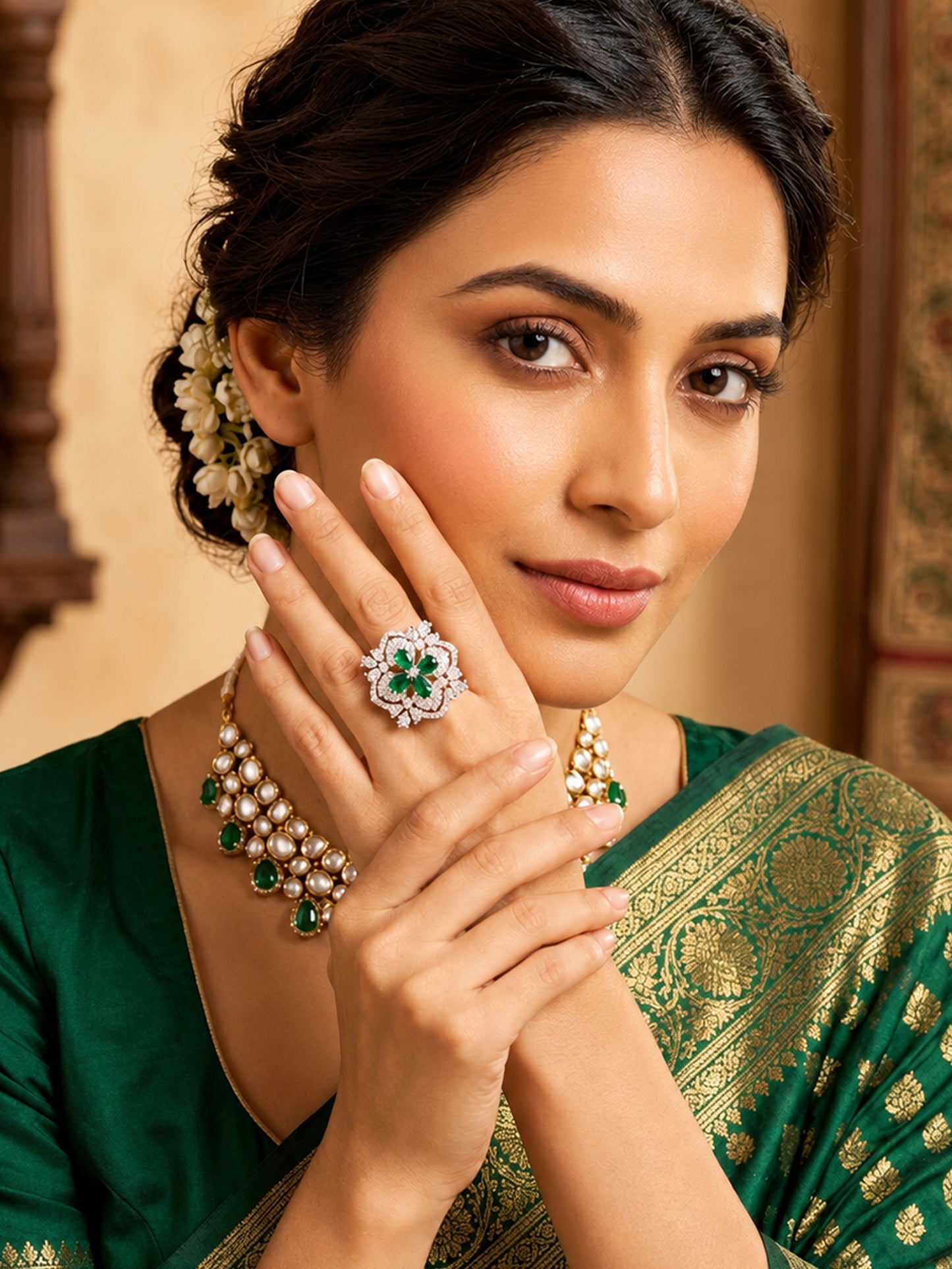 Rhodium Plated Green AD Floral Finger Ring for Women