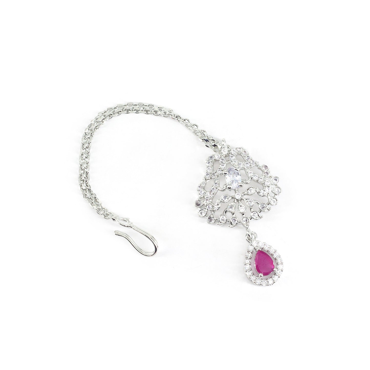 Rhodium Plated Pink AD Maang Tikka for Women
