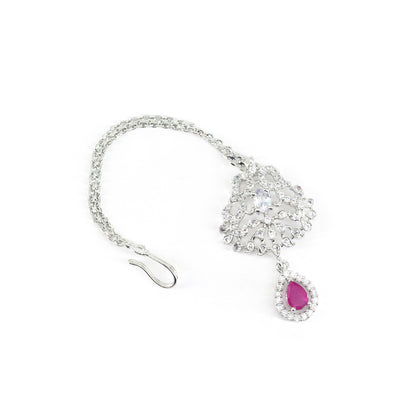 Rhodium Plated Pink AD Maang Tikka for Women