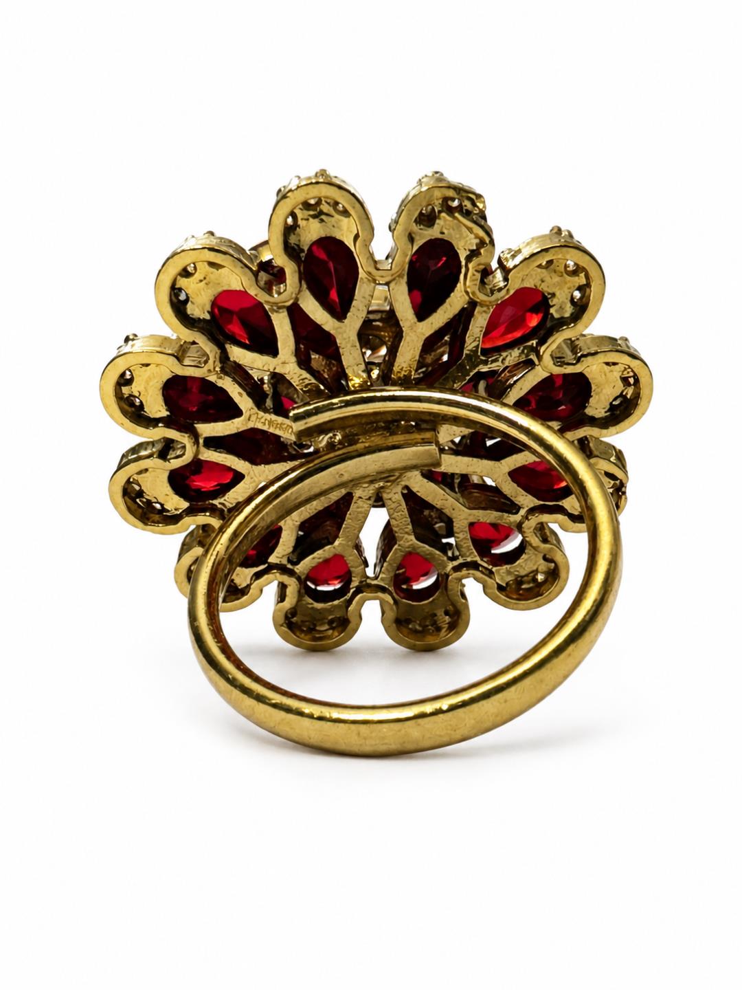 Antique Gold Plated Red AD Floral Finger Ring for Women