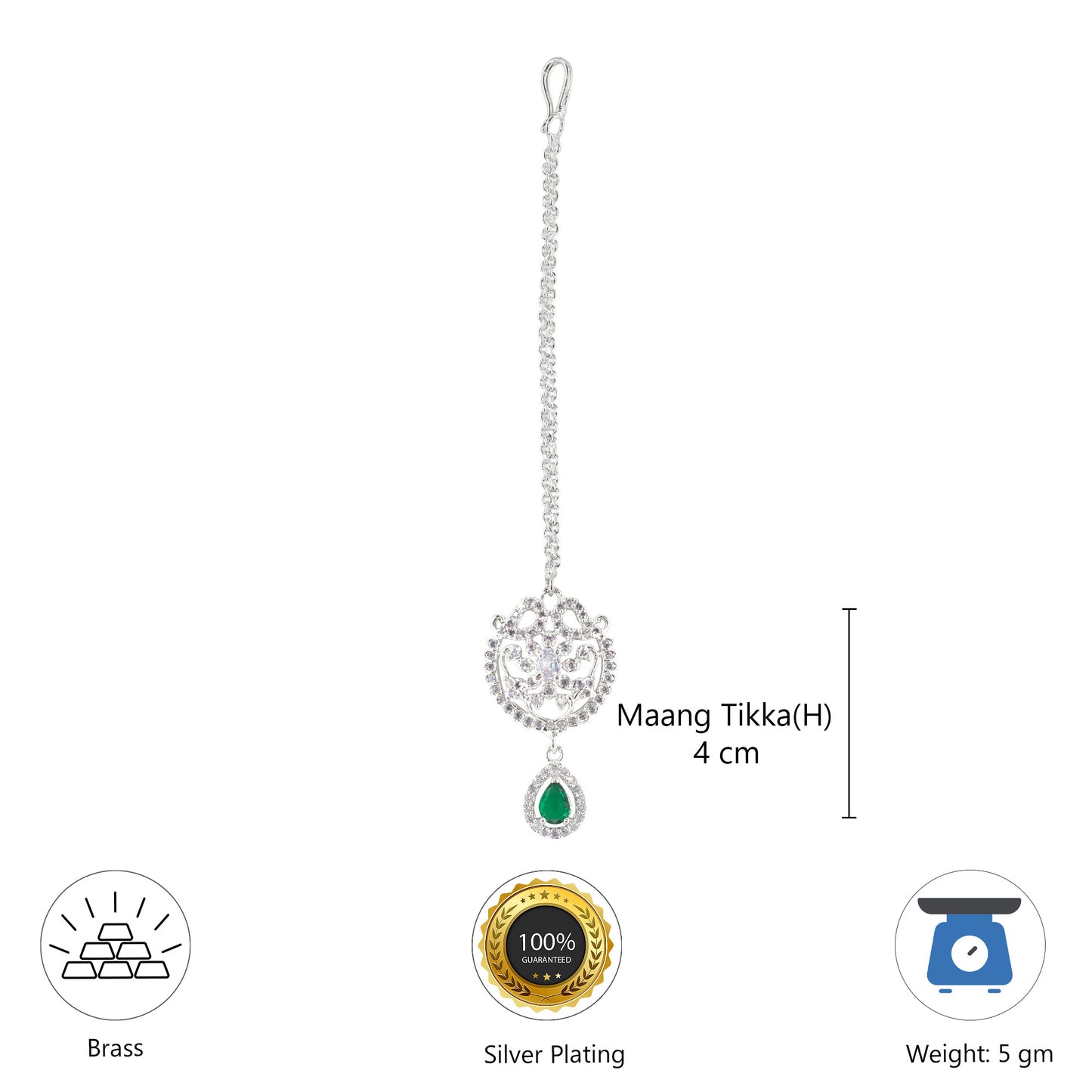 Rhodium Plated Green AD Maang Tikka for Women