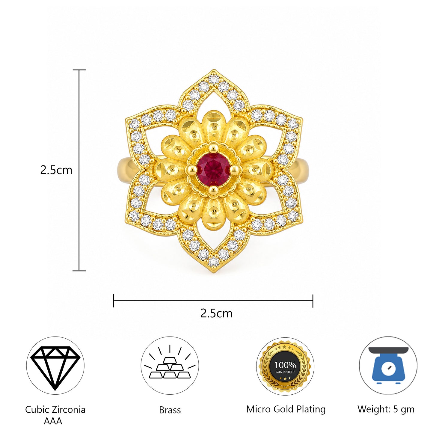 Gold Plated Anti Tarnish Red AD Finger Ring for Women