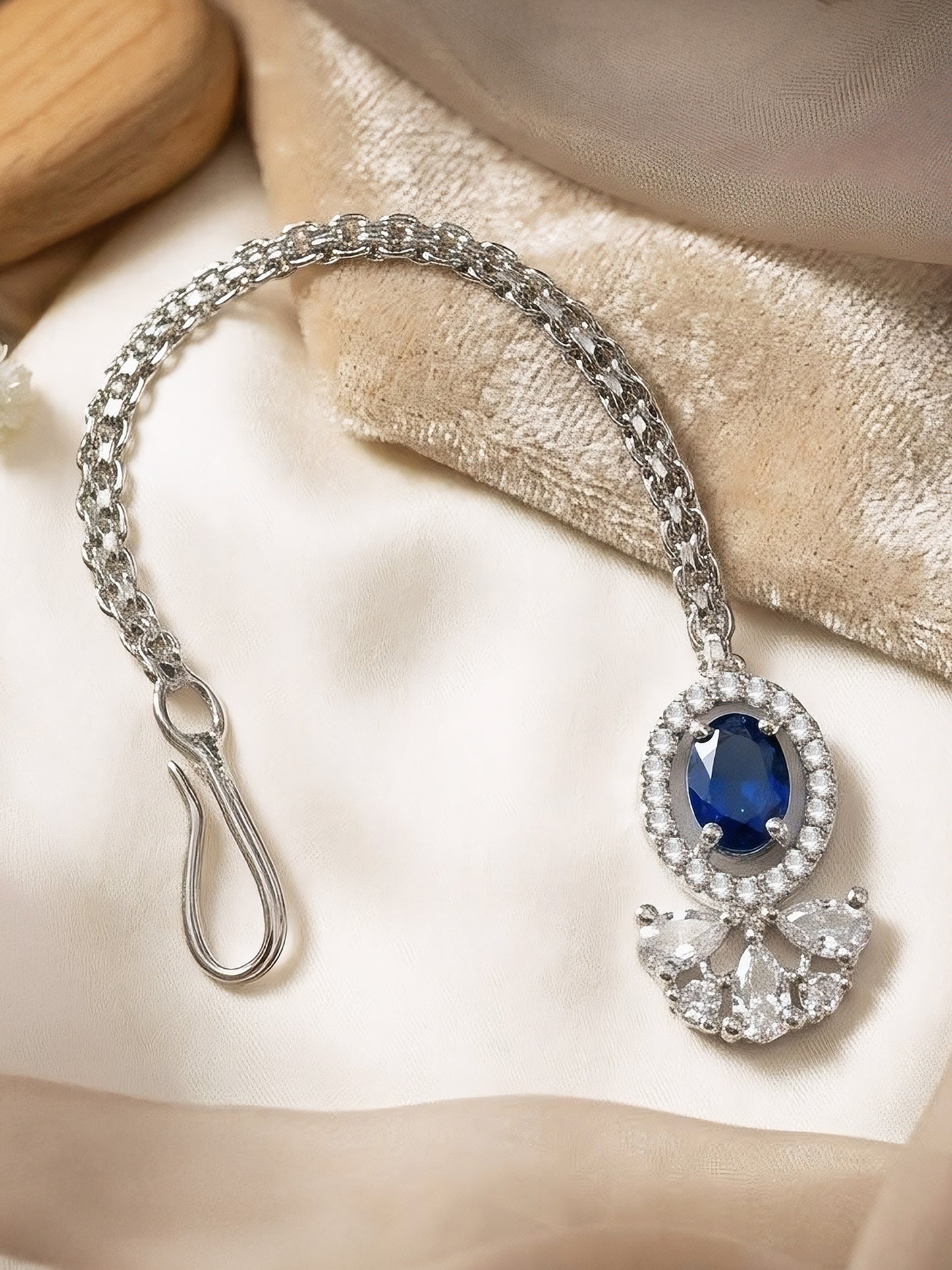 Silver Plated Blue AD Maang Tikka for Women