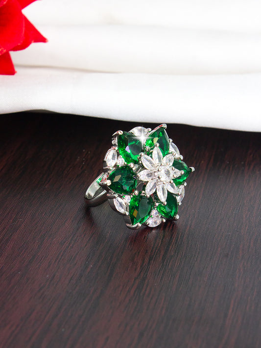 Silver Plated Green Floral AD Adjustable Ring For Women