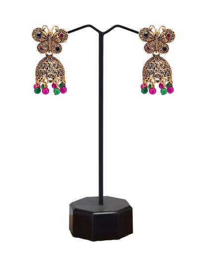Antique Gold-Plated Butterfly Artificial Stone & Beaded Jhumki Earrings