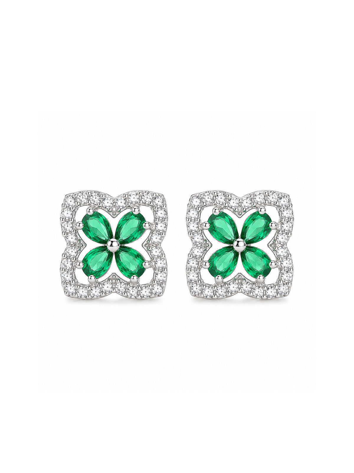 Rhodium Plated Green AD Stud Earrings for Women