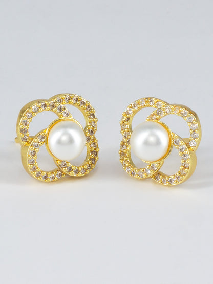 Gold Plated AD & Pearl Floral Designer Stud Earrings for Women