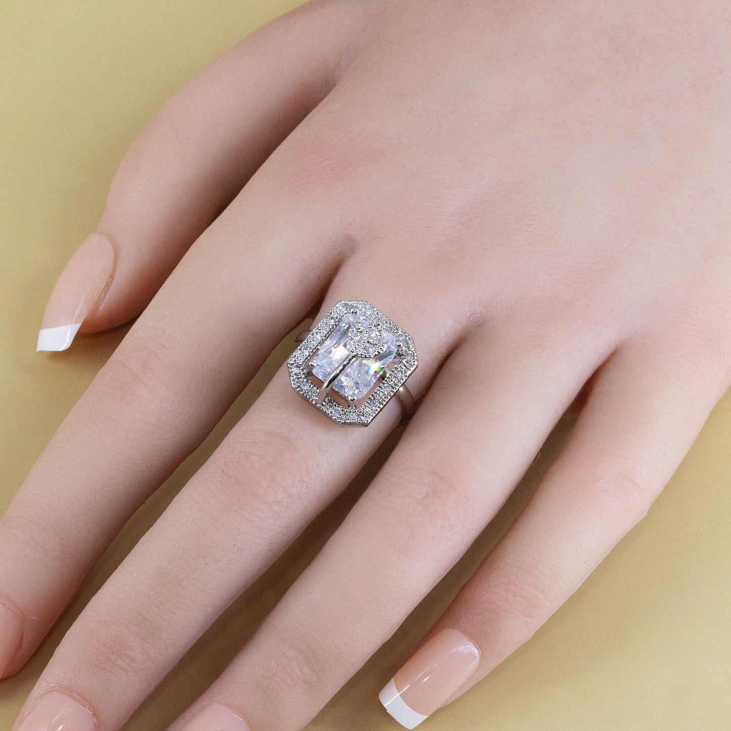 Rhodium Plated White AD Leaf Adjustable Ring for Women