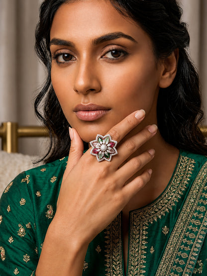 Silver Plated Multi AD Floral Finger Ring for Women