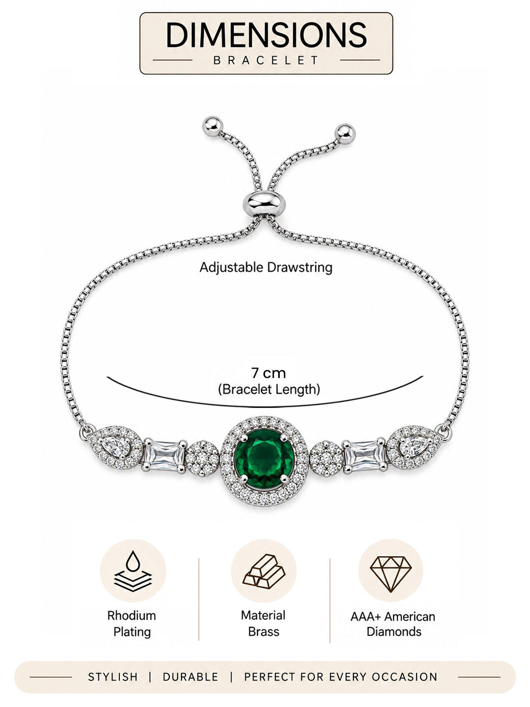 Rhodium Plated Green AD Adjustable Bracelet for Women