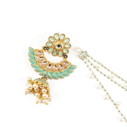 Gold Plated Green Kundan Jhumka Earrings with Chain for Women