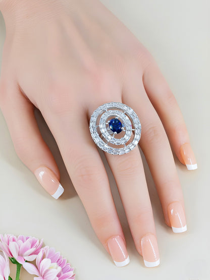 Silver Plated Blue & White AD Circular Ring for Women