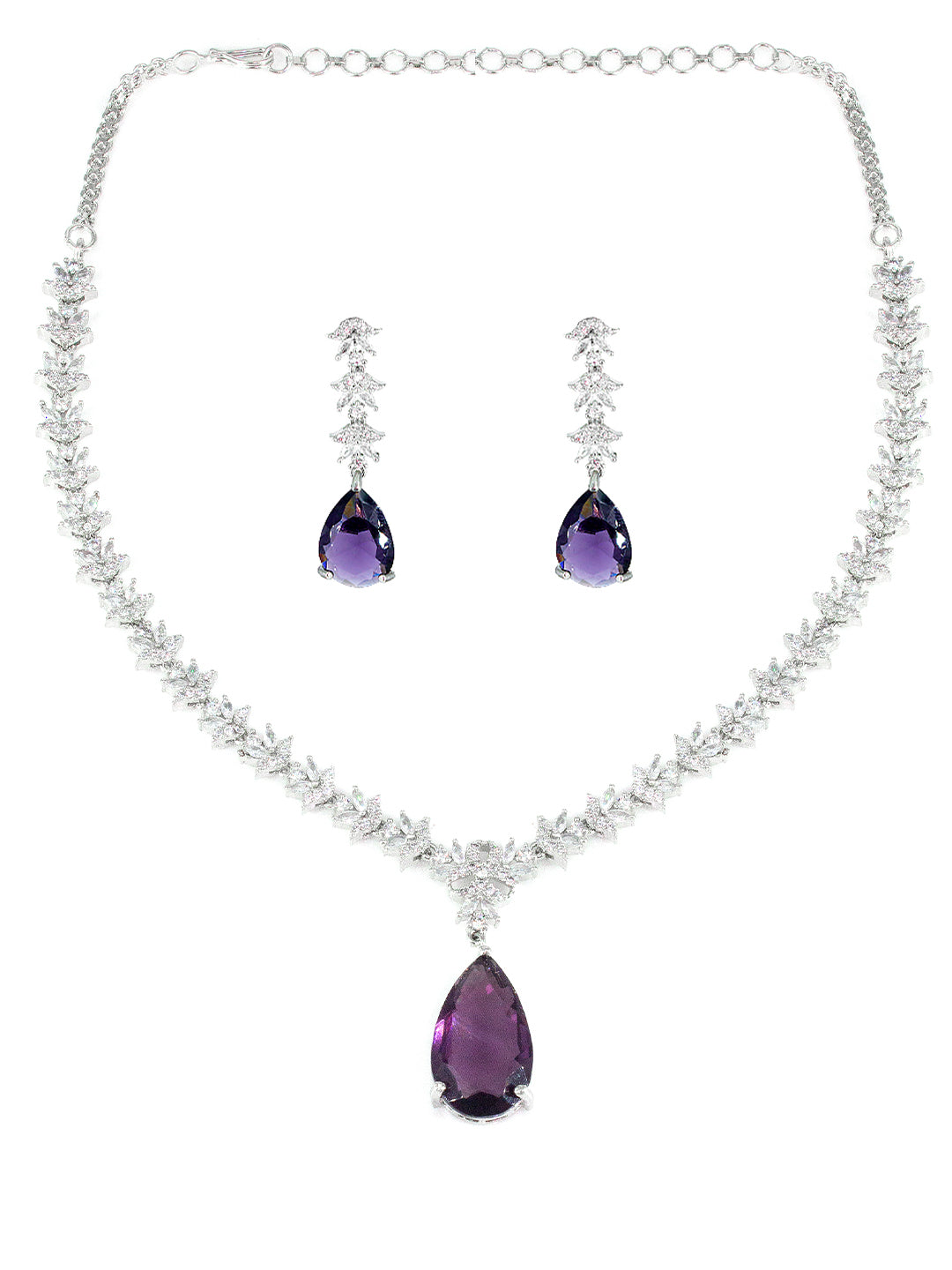 American Diamond Floral Design Purple Drop Jewellery Set For Women And Girls