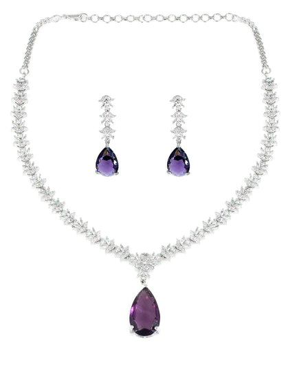 American Diamond Floral Design Purple Drop Jewellery Set For Women And Girls