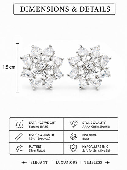 Rhodium Plated AD Floral Stud Earrings for Women